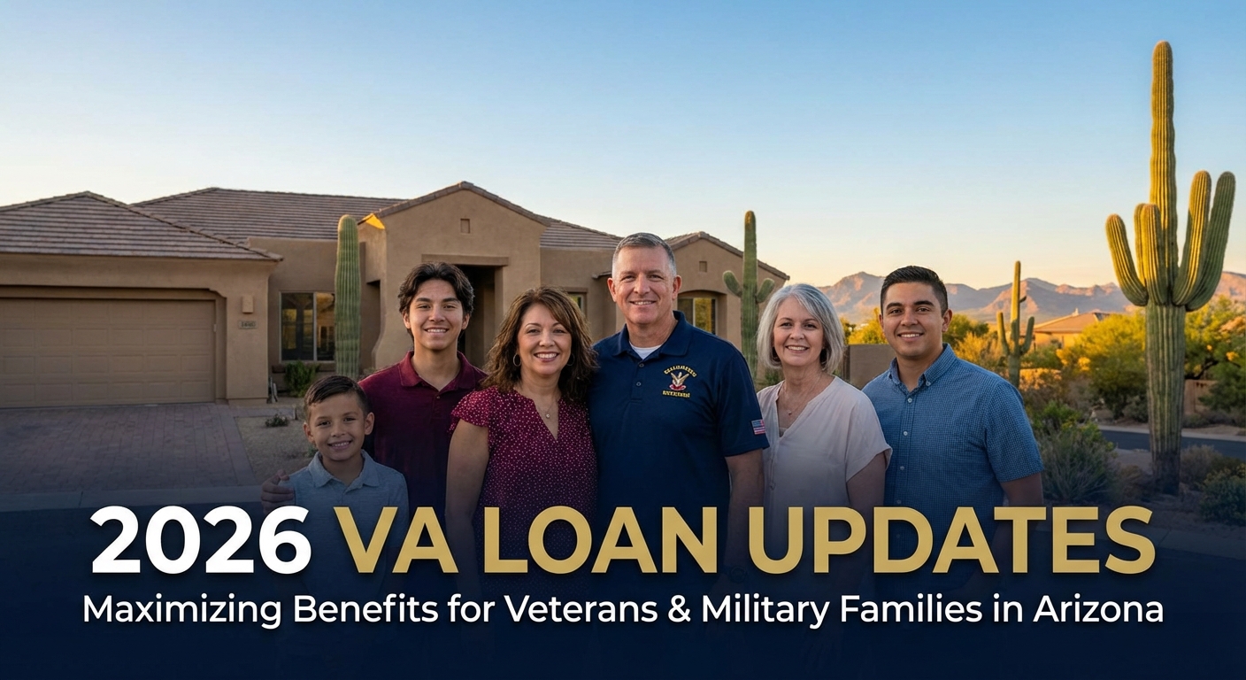 Infographic showing 2026 VA loan updates in Arizona with benefits, eligibility, and tips for veterans and military families