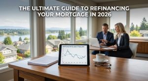 Homeowners reviewing mortgage refinance options on a laptop with interest rate charts while planning refinancing strategies in 2026.