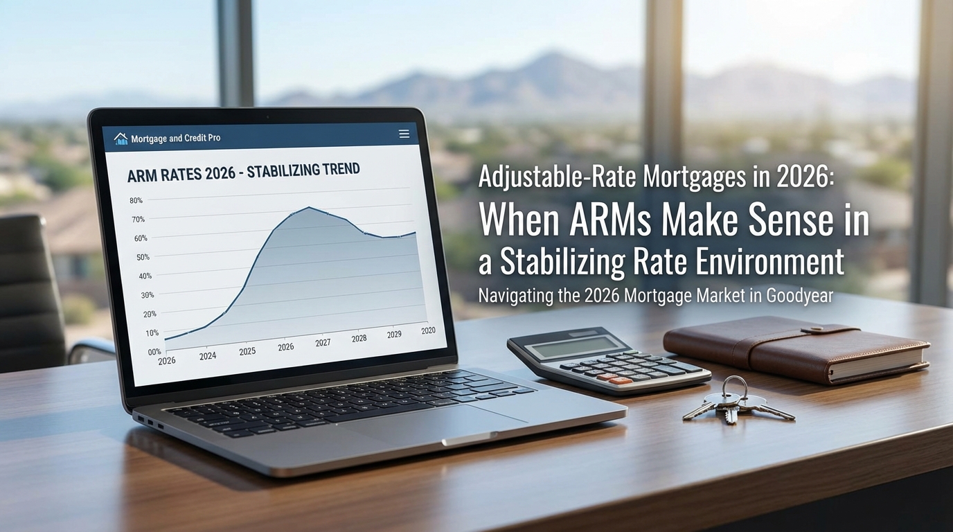 Infographic explaining adjustable-rate mortgages in 2026, showing when ARMs make sense, benefits, risks, and lower initial rates