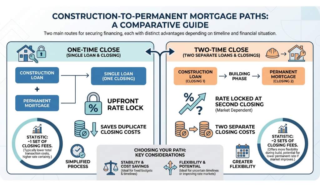 Understanding the Construction Permanent Loan
Building your dream home in Goodyear, AZ, is an exciting journey, but financing it should not be a headache. A construction to permanent mortgage, also commonly known as a construction permanent loan or simply a construction loan, simplifies the process of funding your new build. Instead of juggling multiple loans, this unique financing option provides the funds to build your home and then converts into a standard mortgage once construction is complete.
At Mortgage and Credit Pro, we specialize in helping Arizona residents navigate their homebuilding financing. Whether you are considering a bridge swing loan to transition between properties or exploring your options before settling into a conventional fixed rate mortgage, understanding how a construction loan works is the first crucial step.
One-Time Close vs. Two-Time Close Options
Create a professional infographic about this content. Context: When securing a construction to perma
When securing a construction to permanent mortgage, you generally have two main paths to choose from: a one-time close and a two-time close. Each has its own distinct advantages depending on your building timeline and financial situation.
One-Time Close: This option combines the construction loan and the permanent mortgage into a single loan with one closing process. You lock in your interest rate upfront, saving you from paying duplicate closing costs.
Two-Time Close: With this route, you secure a short-term loan for the building phase and then refinance into a permanent mortgage once the home is finished. This allows for more flexibility if you want to shop around for better rates upon completion or if your construction plans change significantly.
We are experts at providing second opinions on construction-to-permanent mortgages, ensuring you select the right structure for your Goodyear property.
Feature One-Time Close Two-Time Close
Closing Costs Paid once Paid twice
Interest Rate Risk Locked upfront Subject to market changes
Flexibility Lower Higher
Best For Fixed budgets and clear plans Evolving projects and rate shopping
Why Get a Second Opinion on Your Construction Loan?
Securing financing for a new build is a major financial commitment. That is why getting a second opinion on your construction to permanent mortgage is always a smart move. Different lenders offer varying terms, draw schedules, and rate lock policies. Our team at Mortgage and Credit Pro is dedicated to reviewing your current offers and identifying potential savings or better terms.
As your local mortgage broker in Goodyear, AZ, John Werner and our expert team are here to guide you. We analyze the fine print so you can focus on designing your perfect home. From initial ground-breaking to the day you receive your keys, we ensure your financing is solid and stress-free.
Q1: What is a construction to permanent mortgage?
It is a financing option that provides funds to build a home and then automatically converts into a traditional mortgage once the construction is finished.
Q2: Do I have to pay closing costs twice?
Not if you choose a one-time close construction loan. This option rolls everything into a single closing process, saving you money on fees.
Q3: Can I lock my interest rate before construction starts?
Yes, with a one-time close loan, you can typically lock in your permanent mortgage rate before the building process begins.
Q4: Do you offer second opinions on construction loans in Goodyear, AZ?
Absolutely. We are experts at providing second opinions on construction-to-permanent mortgages to ensure you get the best possible terms.
Q5: How do I qualify for a construction permanent loan?
Qualification generally requires a good credit score, a low debt-to-income ratio, a detailed building plan from a licensed builder, and a down payment.
Contact John Werner at Mortgage and Credit Pro Today