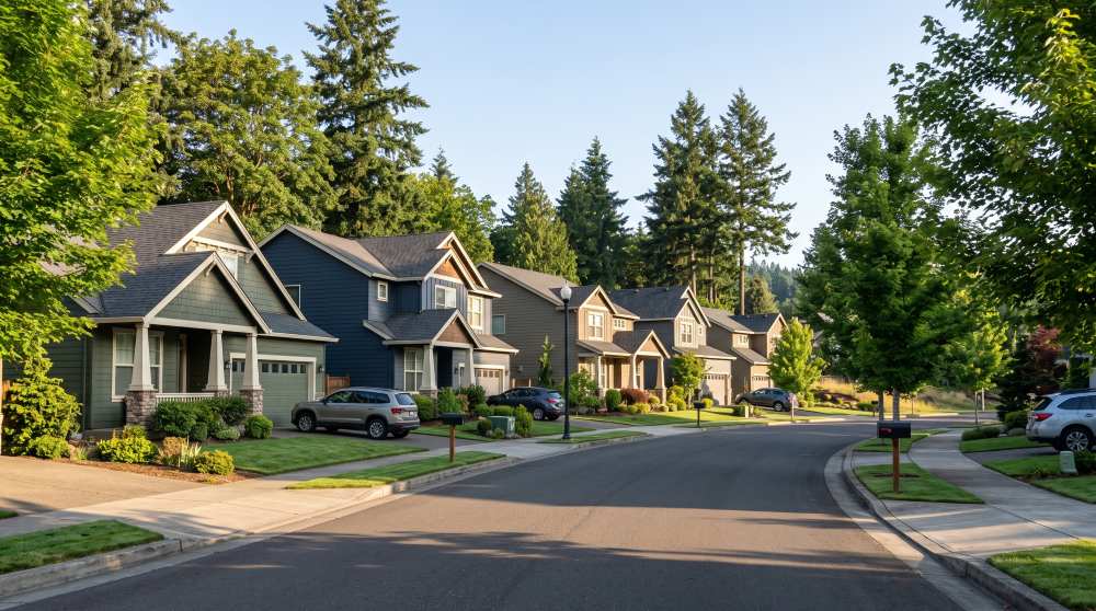 Residential suburban home street representing FHA vs conventional Vancouver loan options.